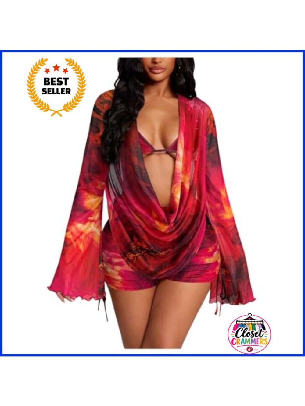 3 Piece Tie Dye Mesh Shorts Set Bikini Top Cover Up Beach Vacation Outfit
